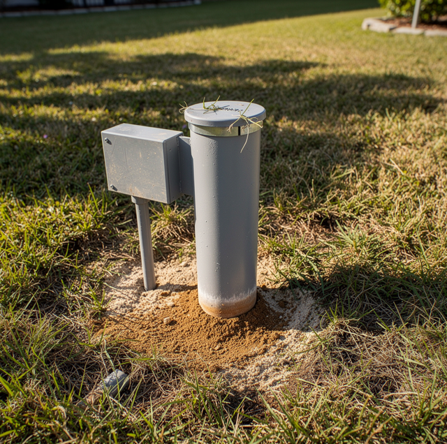 White cylindrical metal post with square box and metal lid in a grassy yard with shadows from sunlight.