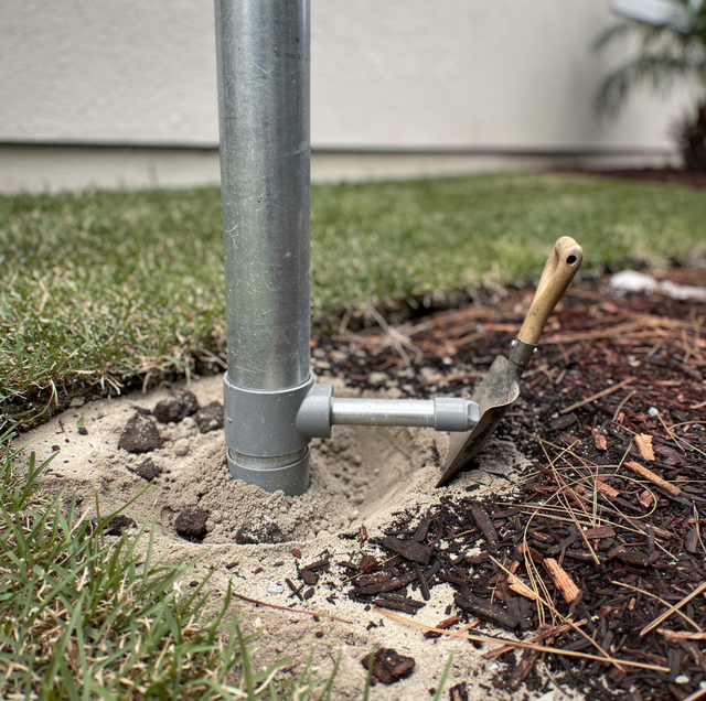 A shovel with wooden handle leans against a metal pipe in soil near grass and mulch.