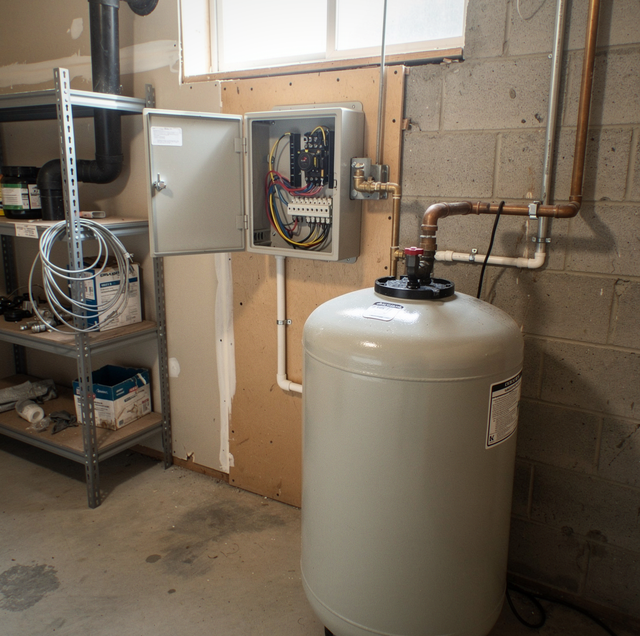 Stainless steel well pump pressure tank in residential basement