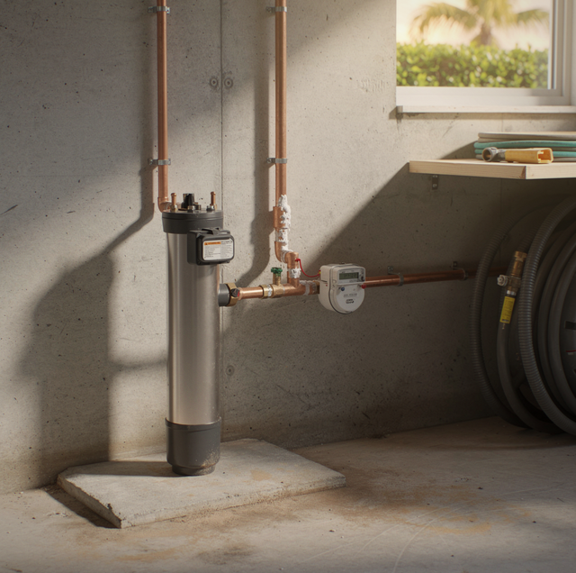 weathered residential water pump with corroded pipes and pressure gauge