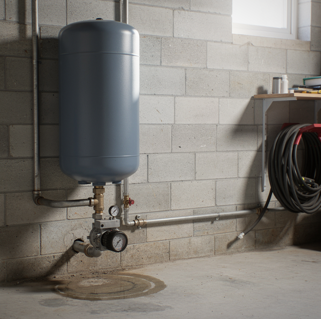 rusted well water pump beside pressure tank