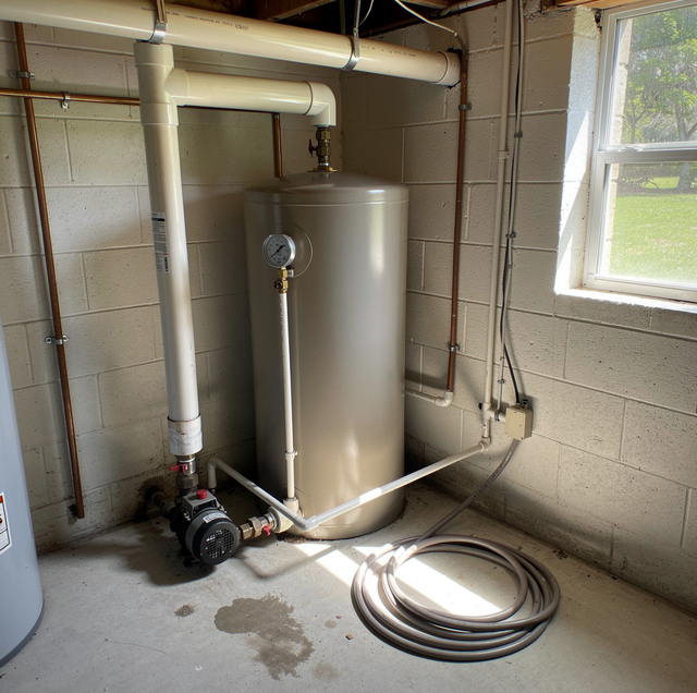 Metal water tank with pipes and pump in basement room with concrete walls and window.