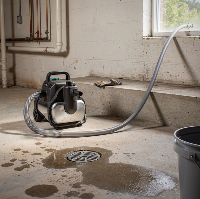 A portable pump with hose sits on a wet concrete basement floor near a drain and bucket.