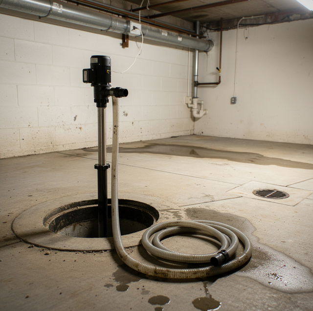 Sump pump with motor and hose installed in a basement concrete floor with metal pipes on walls.
