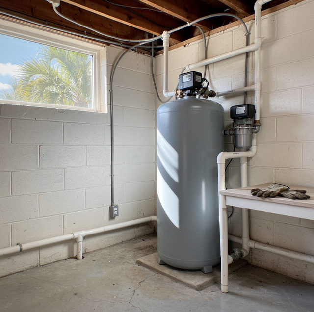 Residential water well pump inspection with pressure gauge and tank