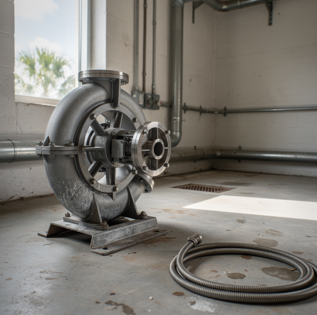 Industrial centrifugal pump with metal hose on concrete floor in warehouse space with window and mounted piping.
