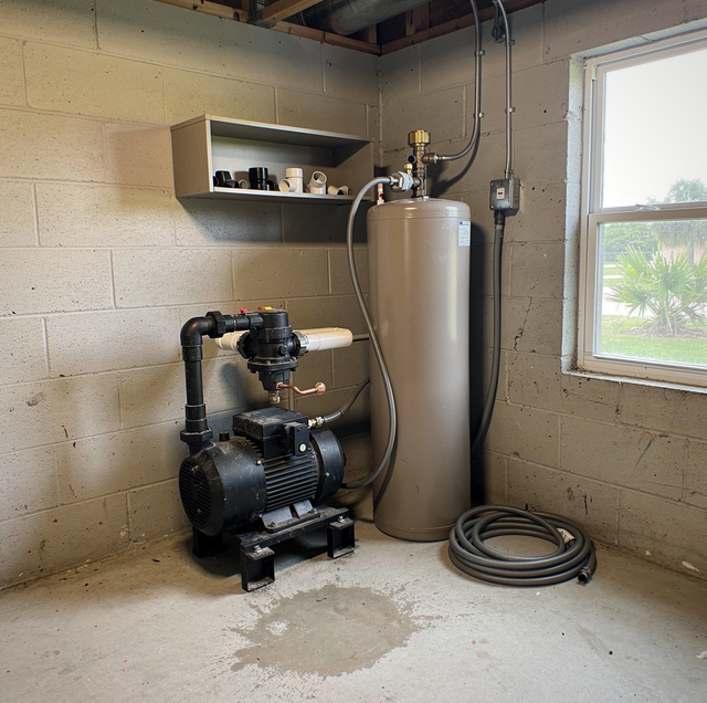 A black pump and cylindrical tank with pipes and hose in a concrete basement room with a window.