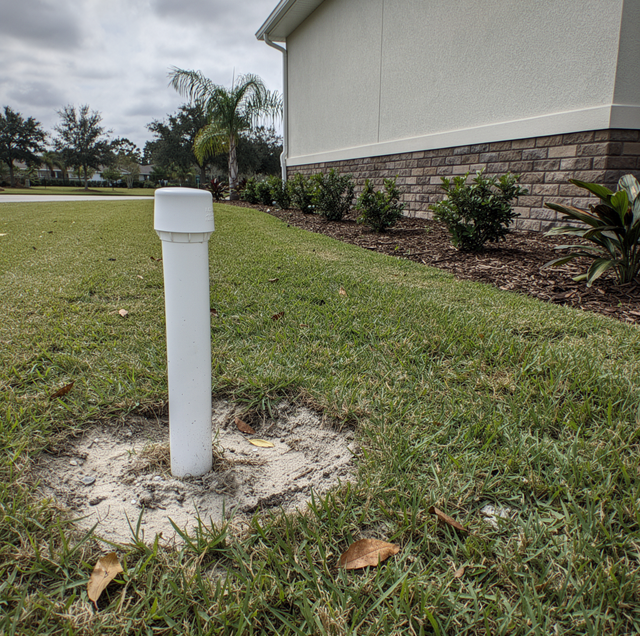 White cylindrical post in lawn next to house with stone foundation and landscaped shrubs.