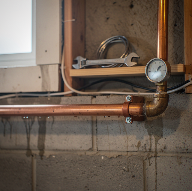 A copper pipe with white connector sits on a wooden workbench in a garage with concrete walls and a window.