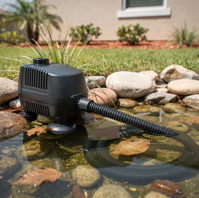 Submersible pond pump moving water in garden fountain