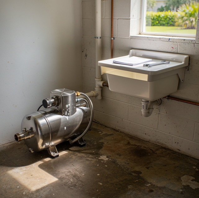 A metal pump and white sink with papers sit on a concrete floor against a tiled wall near a window.