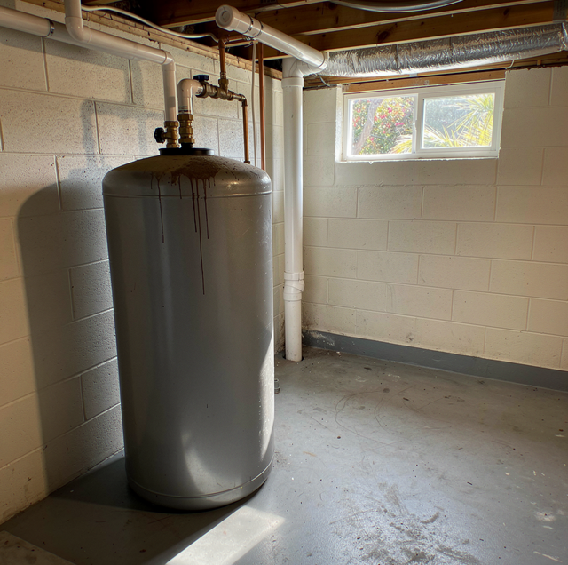 A large cylindrical metal tank with pipes and fittings in a basement room with concrete block walls and a window.