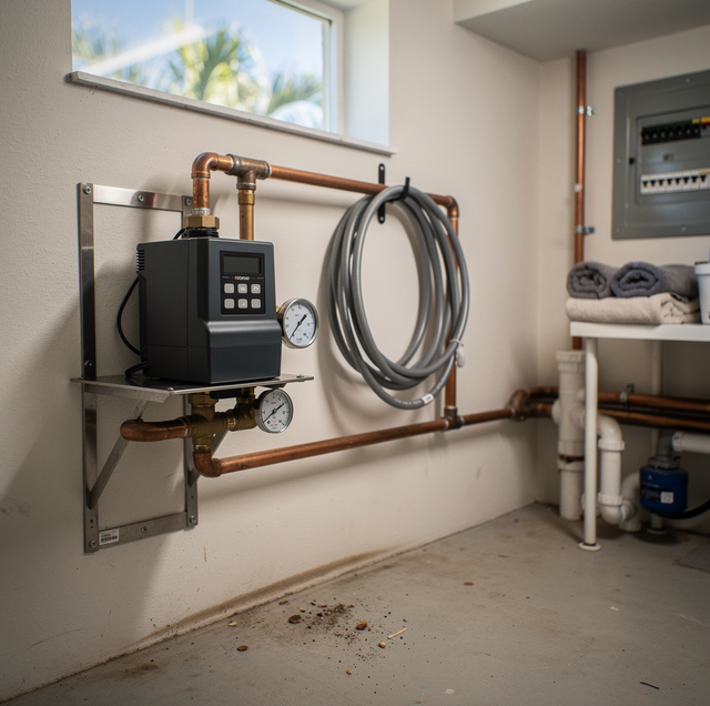 Stainless steel water booster pump connected to home plumbing