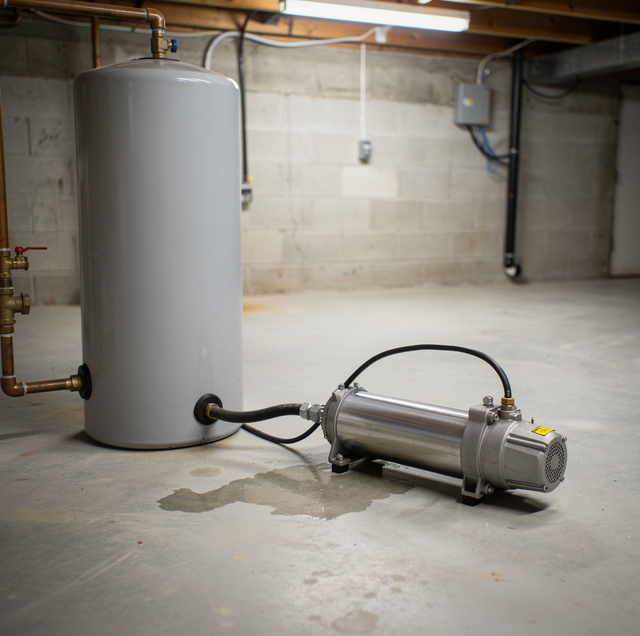 White cylindrical tank connected by black hose to metal pump on concrete floor with water puddle.