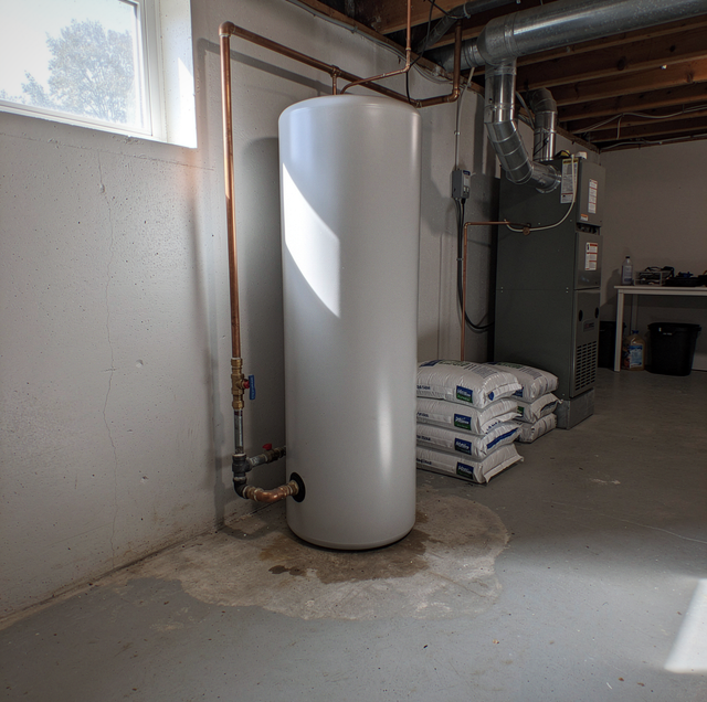 water softener resin tank installed in residential utility room