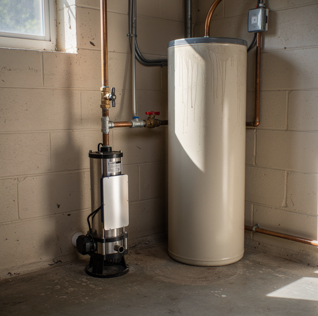 Cast iron water pump with pressure gauge in basement