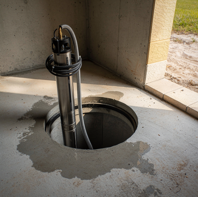 A submersible pump with coiled hose and cord sits in a circular opening in a concrete floor.