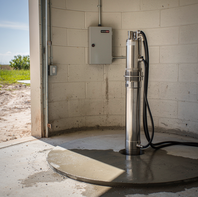 Stainless steel submersible pump with black cable on concrete floor against concrete block wall with electrical panel