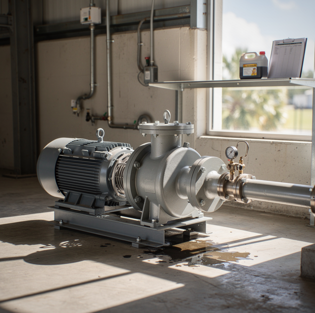 Industrial water pump motor mounted on concrete plant floor