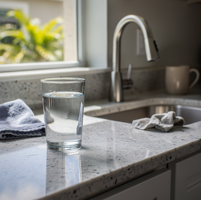 A glass of water sits on a kitchen counter near a faucet and sink with a window behind.