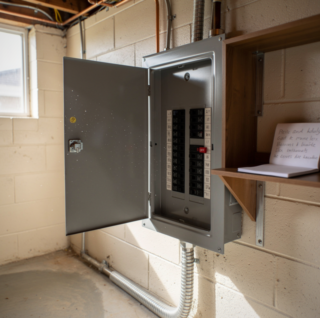 Open well pump breaker panel with tripped switch