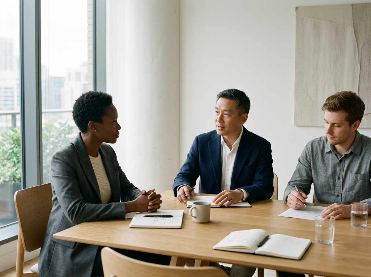 Three people engaged in a business meeting or interview at a wooden conference table in a modern office with large windows and city view.