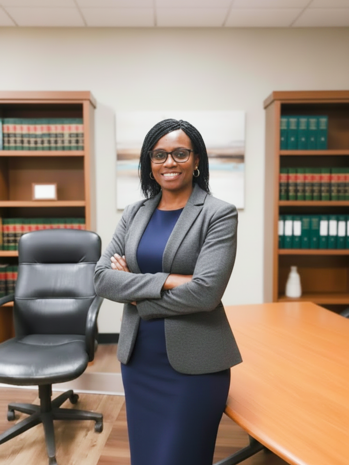 A woman in a gray blazer and blue dress with glasses, standing with arms crossed in an office with bookshelf, desk, and office chair.
