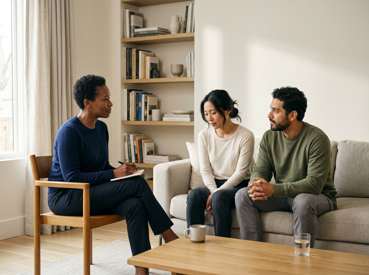 Therapist speaking with a young woman and man in a living room counseling session.