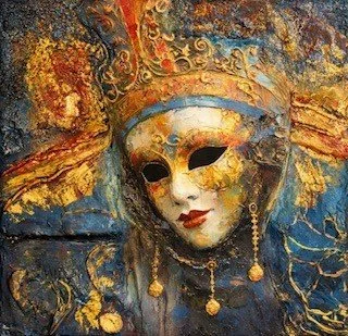 A painted mask with a white face, black eye holes, red lips, adorned with golden jewelry and ornate decorations, set against a vibrant, textured background.