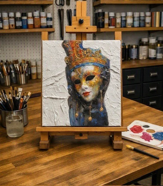 A painting of a masked figure with an ornate headpiece on a small easel in an art studio.
