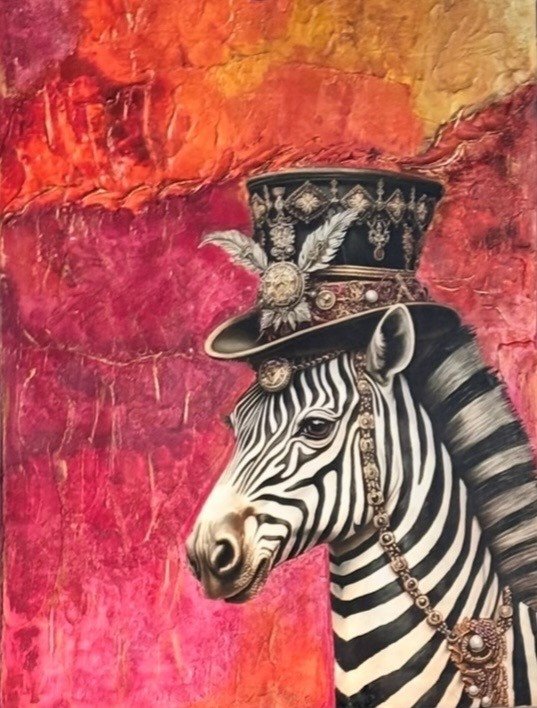 A zebra wearing a black top hat adorned with decorative ornaments, feathers, and jewelry, set against a vibrant red and orange abstract background.