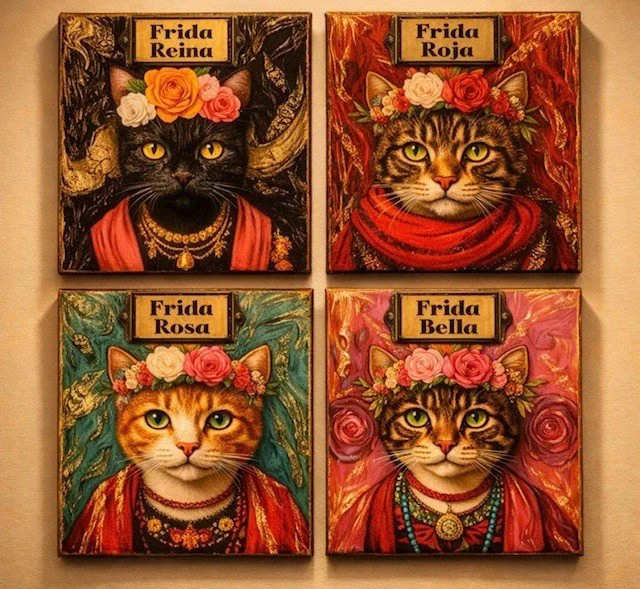 Meet Frida’s Felines - a series of 4 cats who are all Frida inspired. 

Frida Rosa, a warm ginger cat with a rose crown. She’s regal and romantic. 

Frida Reina, the black cat who is definitely the Queen of the group. 

Frida Bella, a softer colourfu