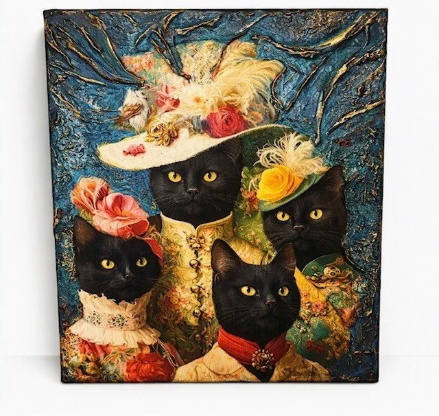 Painting of four black cats dressed in elaborate, vintage-style clothing with hats and flowers, set against a textured blue background.