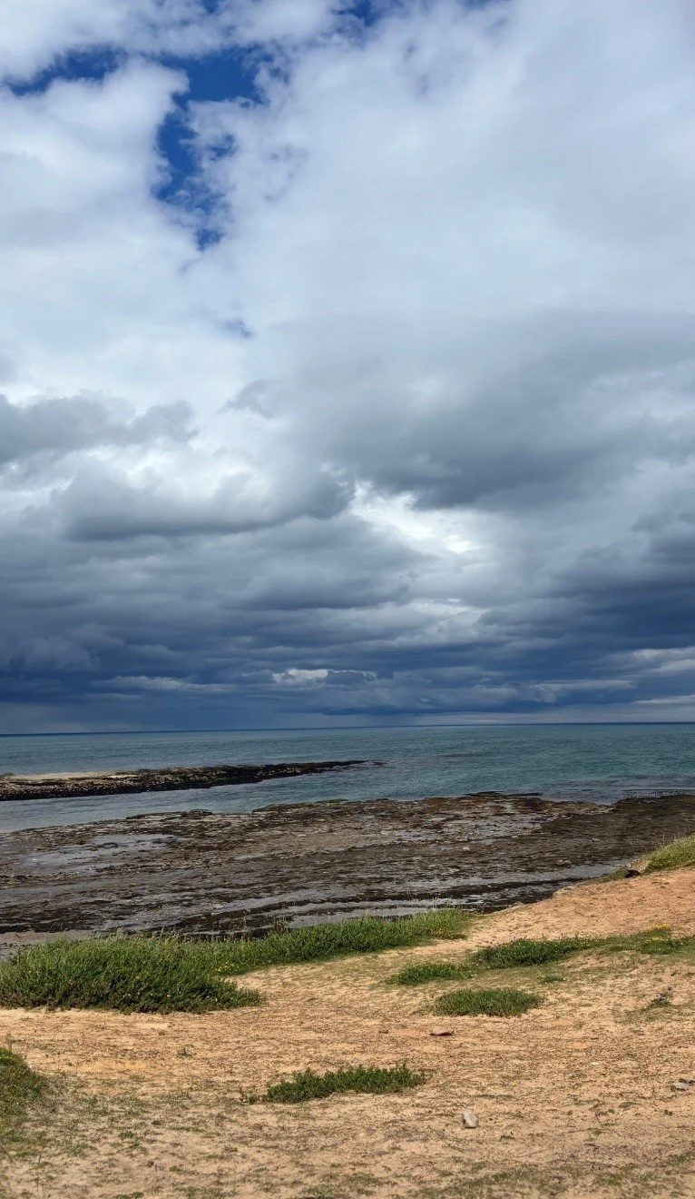 A beach scene with sand, patches of grass, rocky shoreline, ocean water, and a cloudy sky.