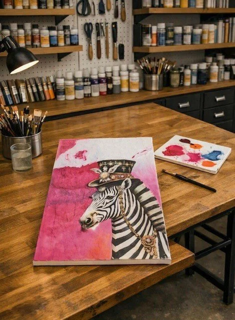 A painting of a zebra wearing a hat and jewelry on a pink background on a wooden work table, with paint brushes and palette nearby in an art studio.