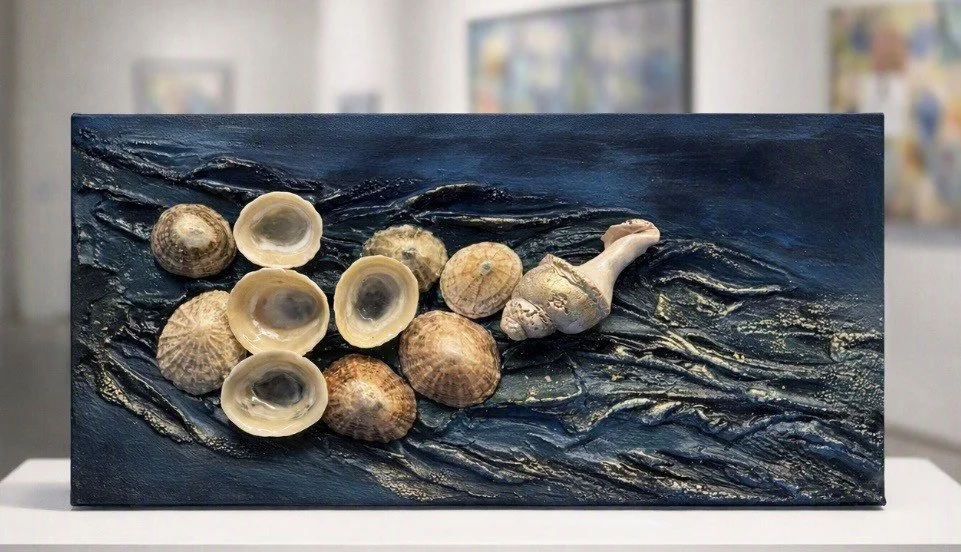 Mixed seashells arranged on a textured black surface in an art display.