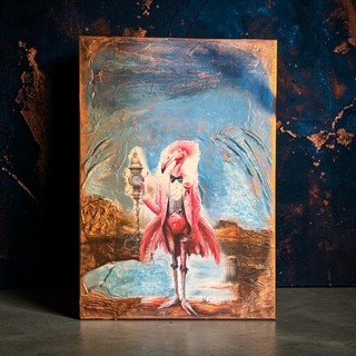Drama ? Darling I rise above it - mixed media canvas art featuring aristocratic flamingo - finished with copper halo 