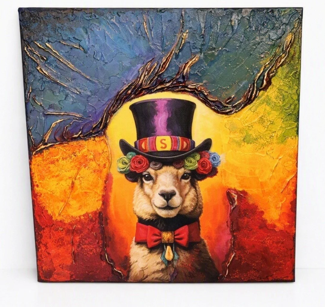 Colorful painting of a lion cub wearing a top hat decorated with flowers, a bow tie, and a ribbon with an 'S', set against a textured rainbow background.