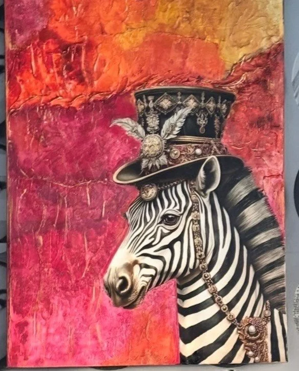 A painting of a zebra wearing an ornate top hat decorated with feathers, jewels, and chains, set against a vibrant red and orange textured background.