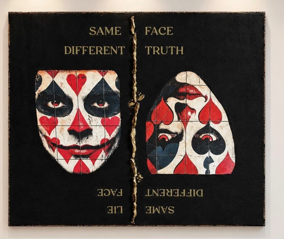 Discover the psychological depth of 'Duality of Faces'—a mixed media canvas that challenges perceptions of truth and deception through its striking imagery.

Intricate mixed media artwork with a thought-provoking design.

Features a dual face motif o