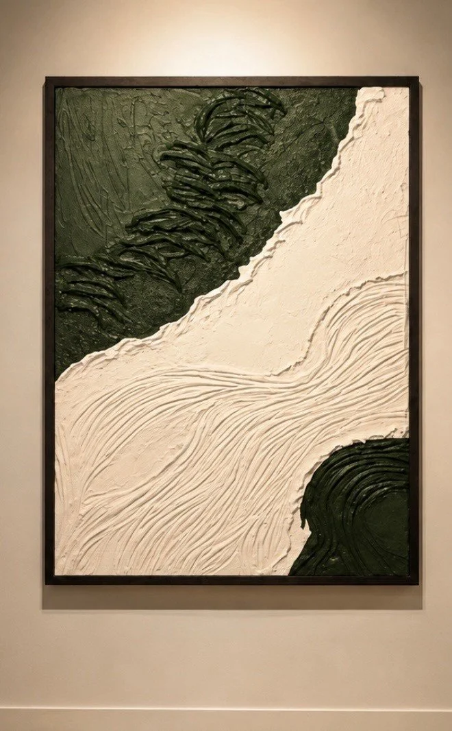 Textured abstract art with green and white layers, resembling natural elements like leaves and water.