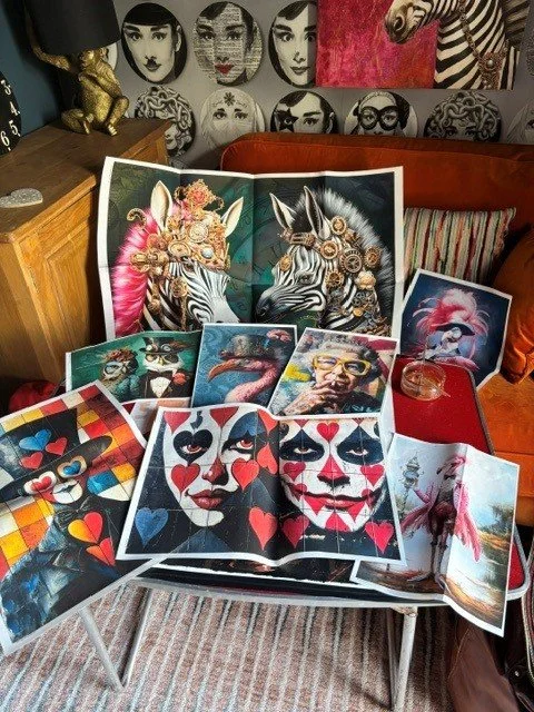 A collection of colorful art prints, including zebra portraits, clown faces, a flamingo, and abstract faces, displayed on a table in a room with decorated walls.