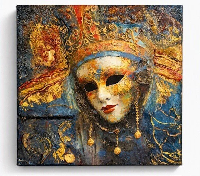 An artistic painting of a woman with a white mask, dark eye holes, red lips, and gold ornaments, surrounded by vibrant gold, blue, and orange colors.