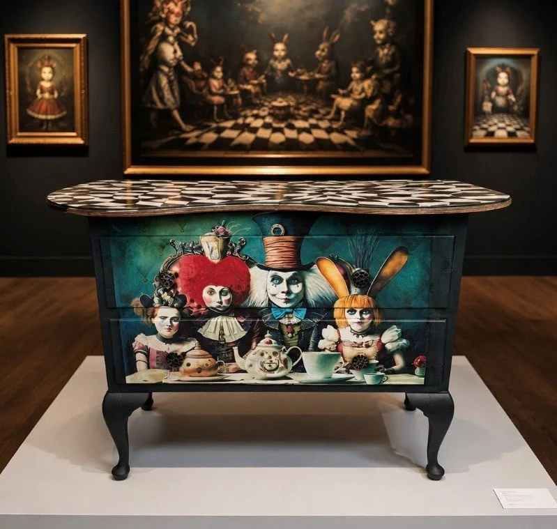 A painted cabinet featuring characters from Alice in Wonderland, including the Mad Hatter, Queen of Hearts, Alice, White Rabbit, and the March Hare, set against a dark background in a gallery with framed artwork on the wall.