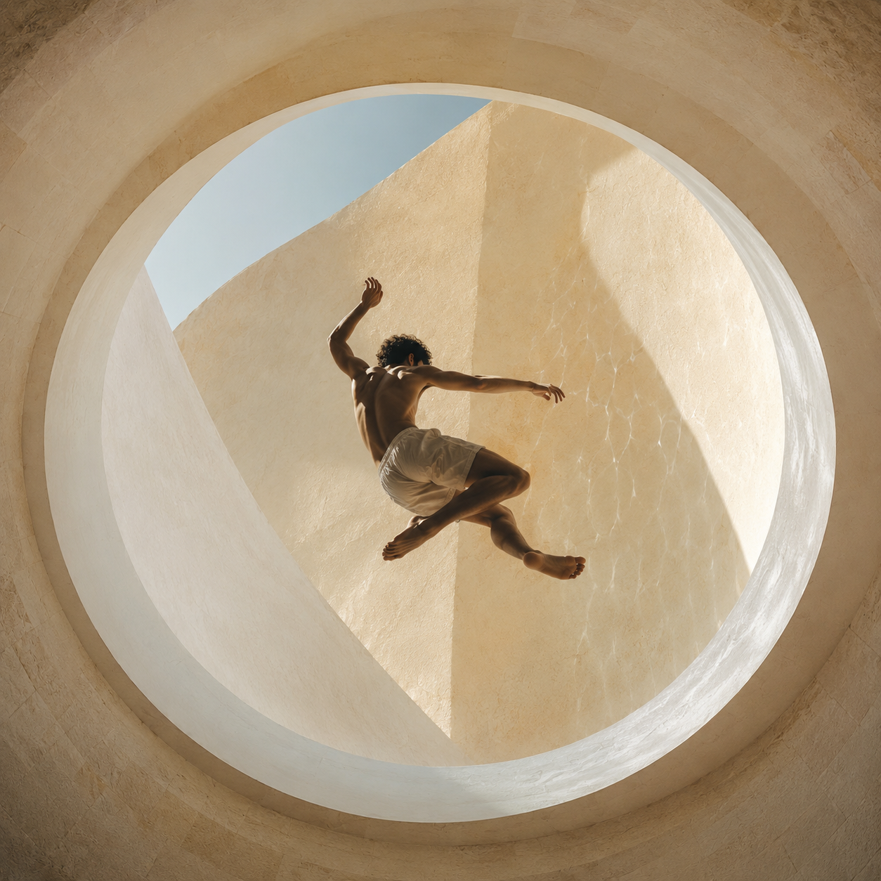 A person with dark curly hair, wearing white shorts, is jumping in the air inside a circular opening in a beige architectural structure, with sunlight casting shadows on the walls.