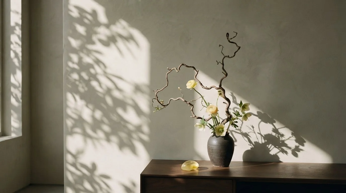 Une plante avec des branches torsadées dans un vase sombre, éclairée par la lumière du soleil, dont les ombres sont projetées sur le mur adjacent.