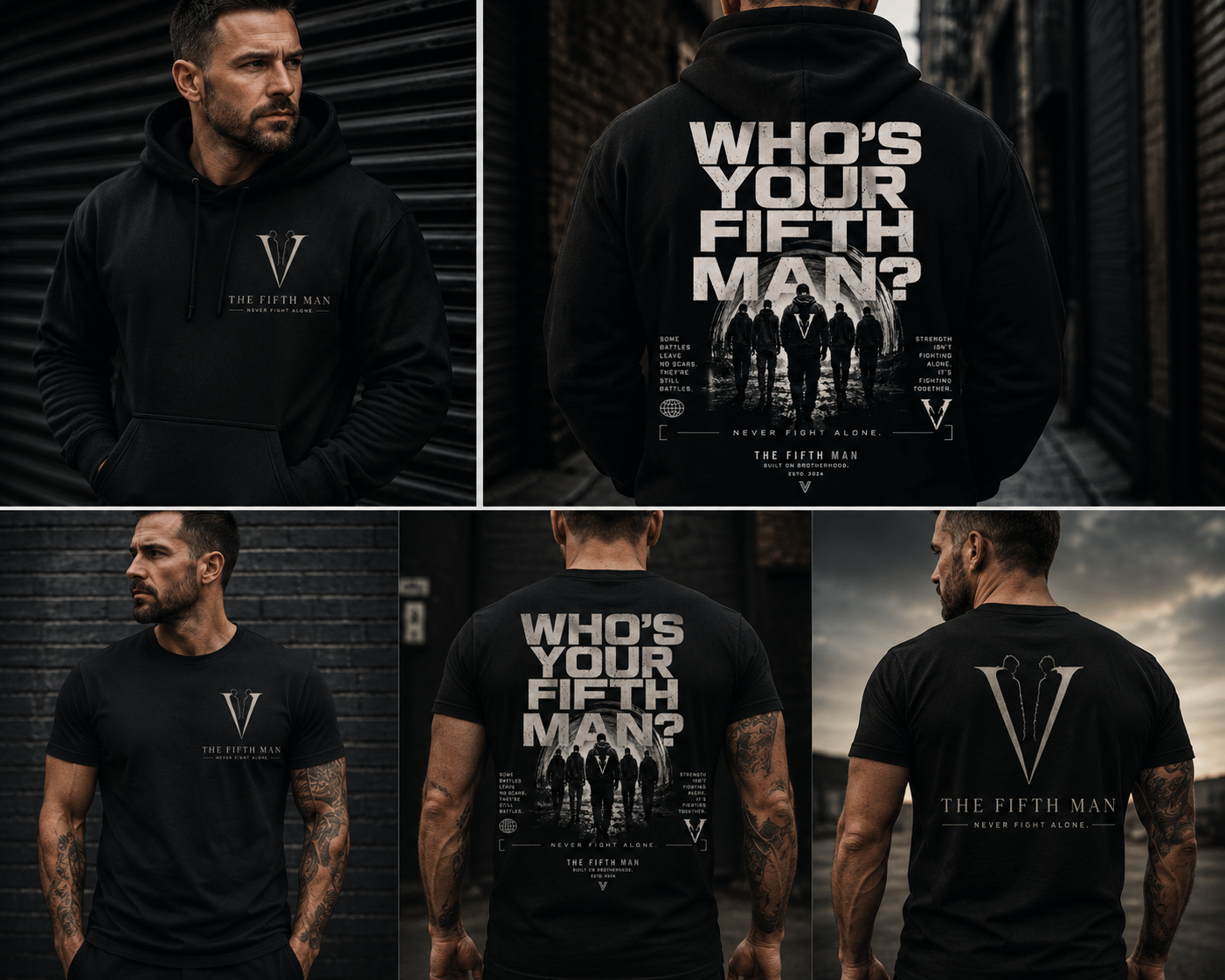 Collage of five images featuring a man modeling black hoodies and t-shirts with 'The Fifth Man' branding and graphics. The clothing displays slogans like 'Never Fight Alone' and 'Who's Your Fifth Man?' against urban backgrounds.