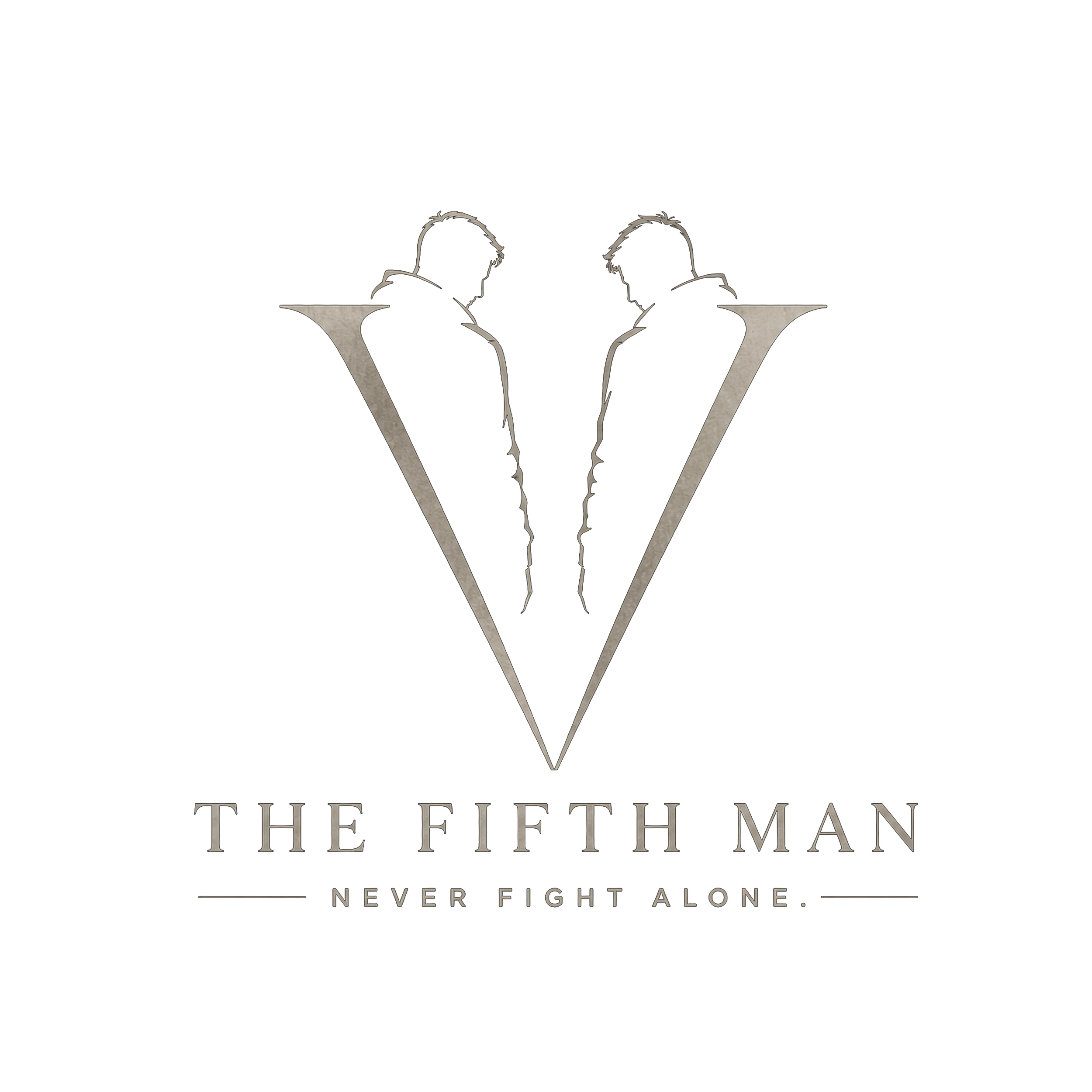 Silhouettes of two individuals facing each other, with a large stylized 'V' in the background. The title 'THE FIFTH MAN' appears at the bottom, with the subtitle 'NEVER FIGHT ALONE' beneath it.
