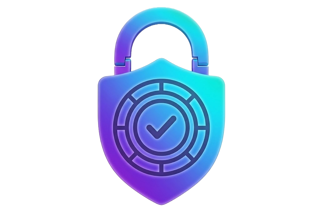 A digital graphic of a security lock icon with a checkmark inside a circular maze on the lock body, symbolizing security and protection.
