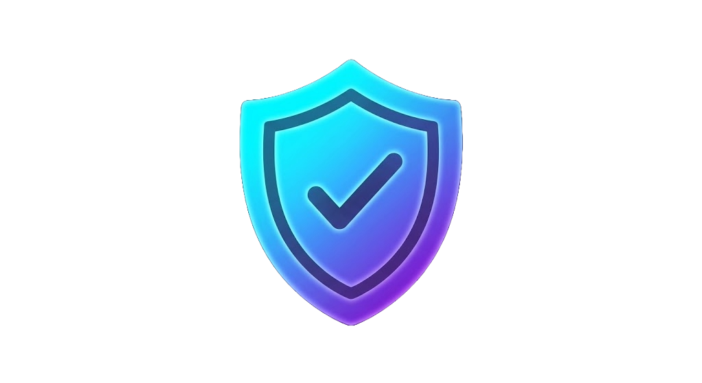 Neon blue shield with a checkmark inside, symbolizing security or protection.